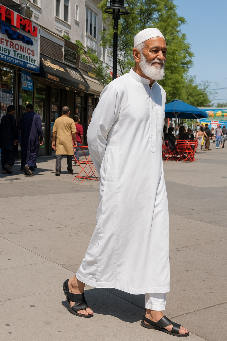 Muslim man confidently wearing a white Omani Thobe in a modern urban setting, combining Sunnah with contemporary style.