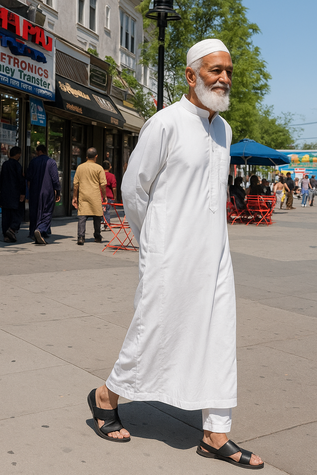 Muslim man confidently wearing a white Omani Thobe in a modern urban setting, combining Sunnah with contemporary style.
